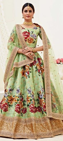 Festive, Party Wear Green color Lehenga in Bangalore Silk fabric with A Line Border, Embroidered, Floral, Printed, Sequence work : 1687571