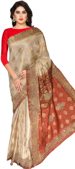 Beige and Brown color Saree in Kanchipuram Silk, Silk fabric with Embroidered, Stone work