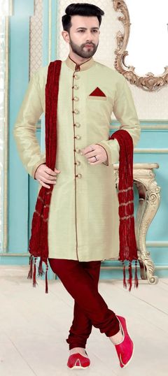 Beige and Brown color Kurta Pyjamas in Art Silk fabric with Thread work : 1687796