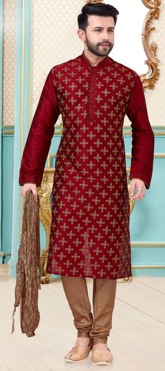 Red and Maroon color Kurta Pyjamas in Dupion Silk fabric with Embroidered, Resham, Thread work