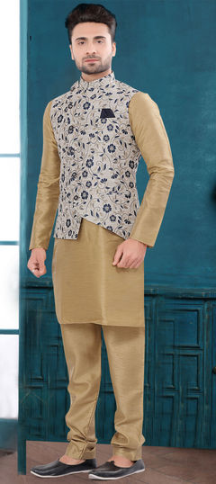 Beige and Brown color Kurta Pyjama with Jacket in Art Silk fabric with Floral, Printed work