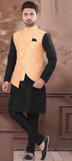 Black and Grey color Kurta Pyjama with Jacket in Art Silk fabric with Printed work