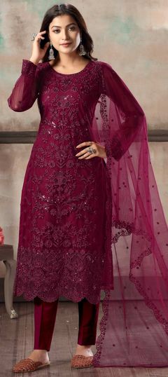 Pink and Majenta color Salwar Kameez in Net fabric with Embroidered, Sequence, Thread work