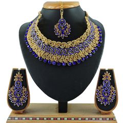 Gold Rodium Polish Blue color Necklace in Metal Alloy studded with CZ Diamond
