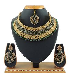 Gold Rodium Polish Green color Necklace in Metal Alloy studded with CZ Diamond