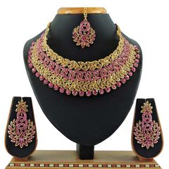 Gold Rodium Polish Pink and Majenta color Necklace in Metal Alloy studded with CZ Diamond