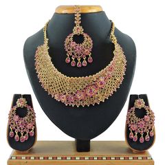 Pink and Majenta color Necklace in Metal Alloy studded with CZ Diamond & Gold Rodium Polish : 1688505