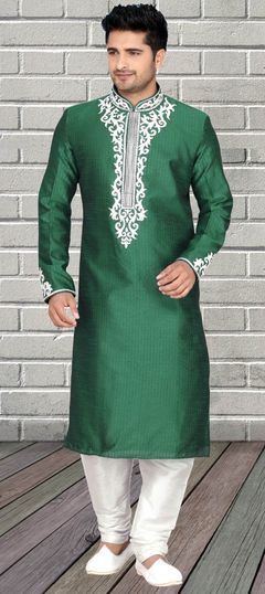 Green color Kurta Pyjamas in Dupion Silk fabric with Embroidered, Thread work