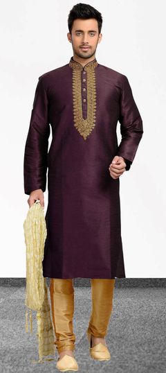 Purple and Violet color Kurta Pyjamas in Dupion Silk fabric with Embroidered, Thread work