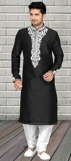 Black and Grey color Kurta Pyjamas in Dupion Silk fabric with Embroidered, Thread work