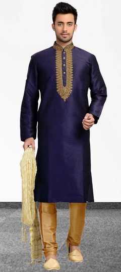 Blue color Kurta Pyjamas in Dupion Silk fabric with Embroidered, Thread work