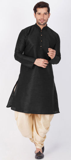 Black and Grey color Dhoti Kurta in Dupion Silk fabric with Thread work