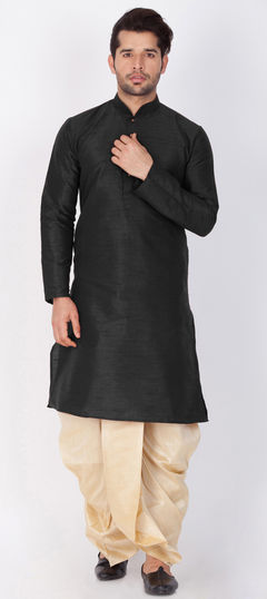 Black and Grey color Dhoti Kurta in Dupion Silk fabric with Thread work