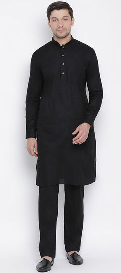 Black and Grey color Kurta Pyjamas in Dupion Silk fabric with Thread work