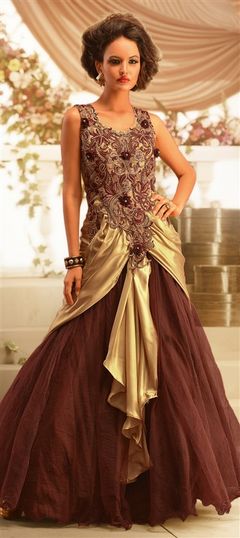 Casual Beige and Brown color Gown in Georgette, Net, Satin Silk fabric with Bugle Beads, Embroidered, Stone, Thread work : 1689012