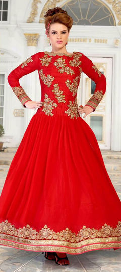 Casual Red and Maroon color Gown in Faux Georgette, Super Net fabric with Lace, Patch, Resham, Stone work : 1689023