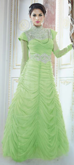 Casual Green color Gown in Georgette, Viscose fabric with Patch, Stone work : 1689052