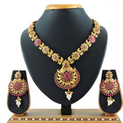 Red and Maroon color Necklace in Copper, Metal Alloy studded with CZ Diamond, Pearl & Gold Rodium Polish : 1689151