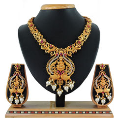 Red and Maroon color Necklace in Copper, Metal Alloy studded with CZ Diamond, Pearl & Gold Rodium Polish : 1689157