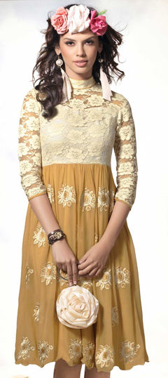 Casual Beige and Brown, White and Off White color Kurti in Georgette fabric with Embroidered work : 1689211