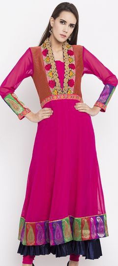 Party Wear Pink and Majenta color Kurti in Faux Georgette fabric with Embroidered, Thread work : 1689231