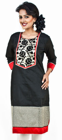 Casual Black and Grey color Kurti in Chanderi Silk fabric with Straight Border work : 1689238