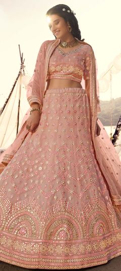 Festive, Mehendi Sangeet, Party Wear Pink and Majenta color Lehenga in Organza Silk fabric with A Line Mirror, Thread work : 1689916