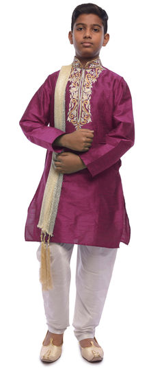 Purple and Violet color Boys Kurta Pyjama in Dupion Silk fabric with Embroidered, Thread work : 1690232