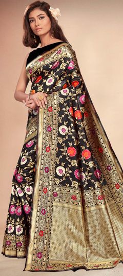 Black and Grey color Saree in Art Silk, Silk fabric with Weaving work