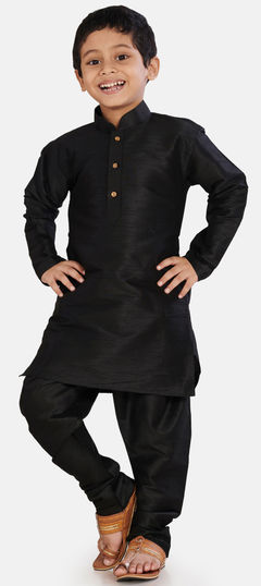 Black and Grey color Boys Kurta Pyjama in Silk cotton fabric with Thread work : 1690466