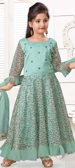 Green color Kids Salwar in Art Silk, Net fabric with Embroidered, Sequence, Thread work : 1690660