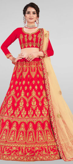 Red and Maroon color Lehenga in Satin Silk fabric with Embroidered, Stone, Thread, Zari work