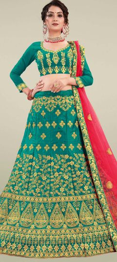 Green color Lehenga in Satin Silk fabric with Embroidered, Stone, Thread, Zari work