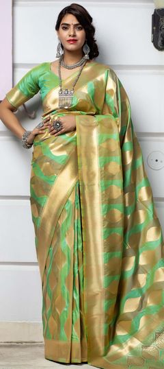 Gold, Green color Saree in Banarasi Silk, Silk fabric with Weaving work