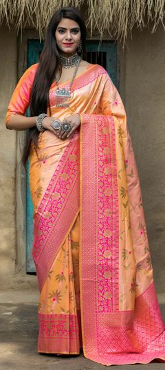 Orange color Saree in Banarasi Silk, Silk fabric with Weaving work