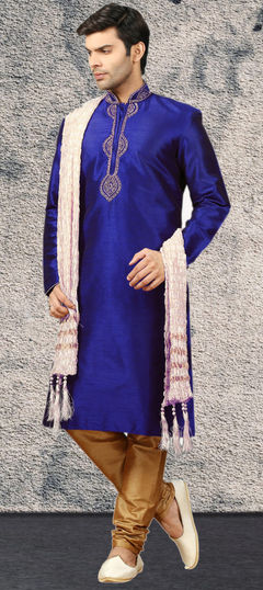 Blue color Kurta Pyjamas in Dupion Silk fabric with Embroidered, Thread work