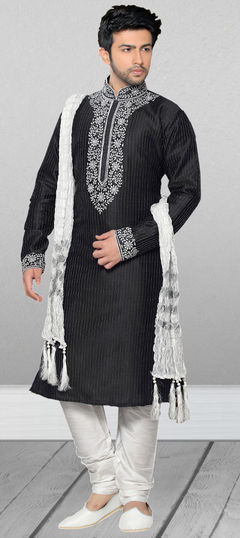 Black and Grey color Kurta Pyjamas in Dupion Silk fabric with Embroidered, Thread work