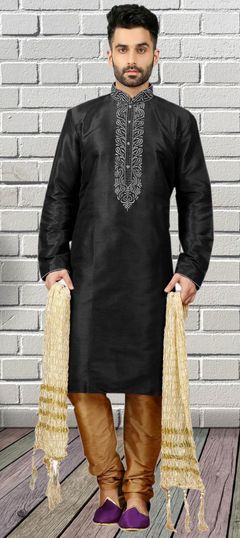 Black and Grey color Kurta Pyjamas in Dupion Silk fabric with Embroidered, Thread work