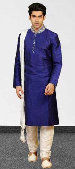 Blue color Kurta Pyjamas in Dupion Silk fabric with Embroidered, Stone, Thread work