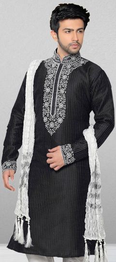 Black and Grey color Kurta in Dupion Silk fabric with Embroidered, Thread work