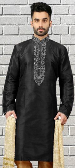 Black and Grey color Kurta in Dupion Silk fabric with Embroidered, Thread work