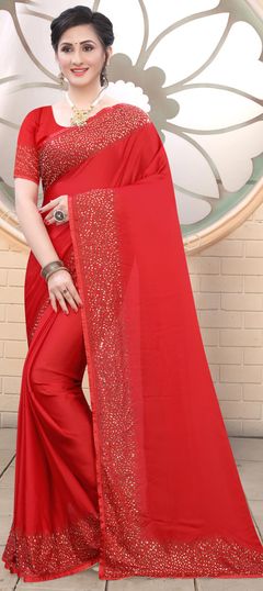 Red and Maroon color Saree in Satin Silk, Silk fabric with Stone work