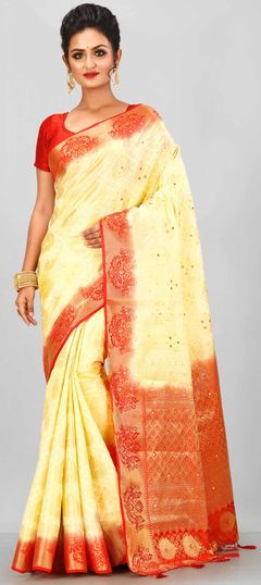 Beige and Brown color Saree in Kanchipuram Silk, Silk fabric with Swarovski, Weaving work