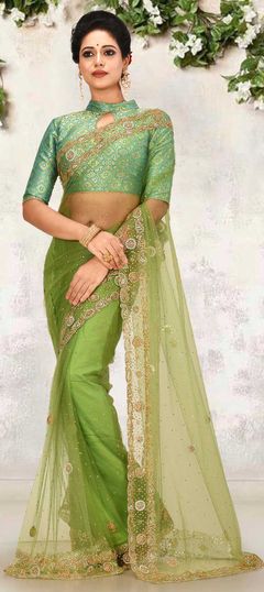 Green color Saree in Net fabric with Stone work