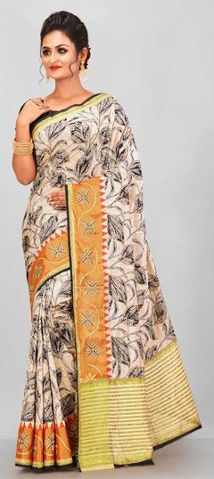 Black and Grey color Saree in Silk, Tussar Silk fabric with Stone work