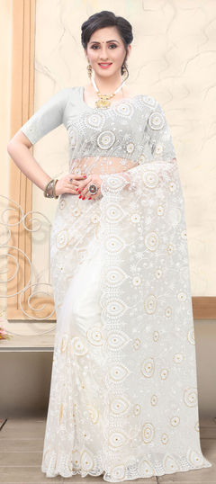 White and Off White color Saree in Net fabric with Cut Dana, Embroidered, Resham, Thread work