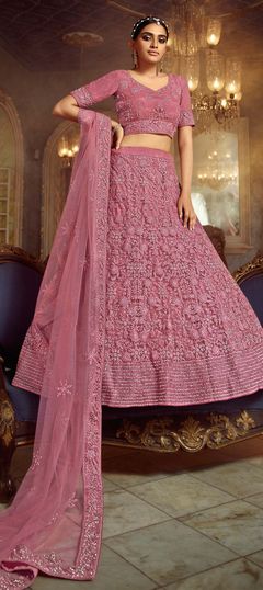 Pink and Majenta color Lehenga in Net fabric with Embroidered, Resham, Thread, Zircon work