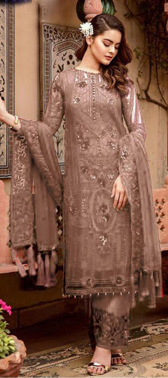 Beige and Brown color Salwar Kameez in Georgette fabric with Embroidered, Resham, Sequence, Thread work