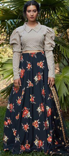 Black and Grey color Lehenga in Crepe Silk fabric with Printed work