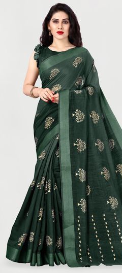 Green color Saree in Cotton fabric with Printed work